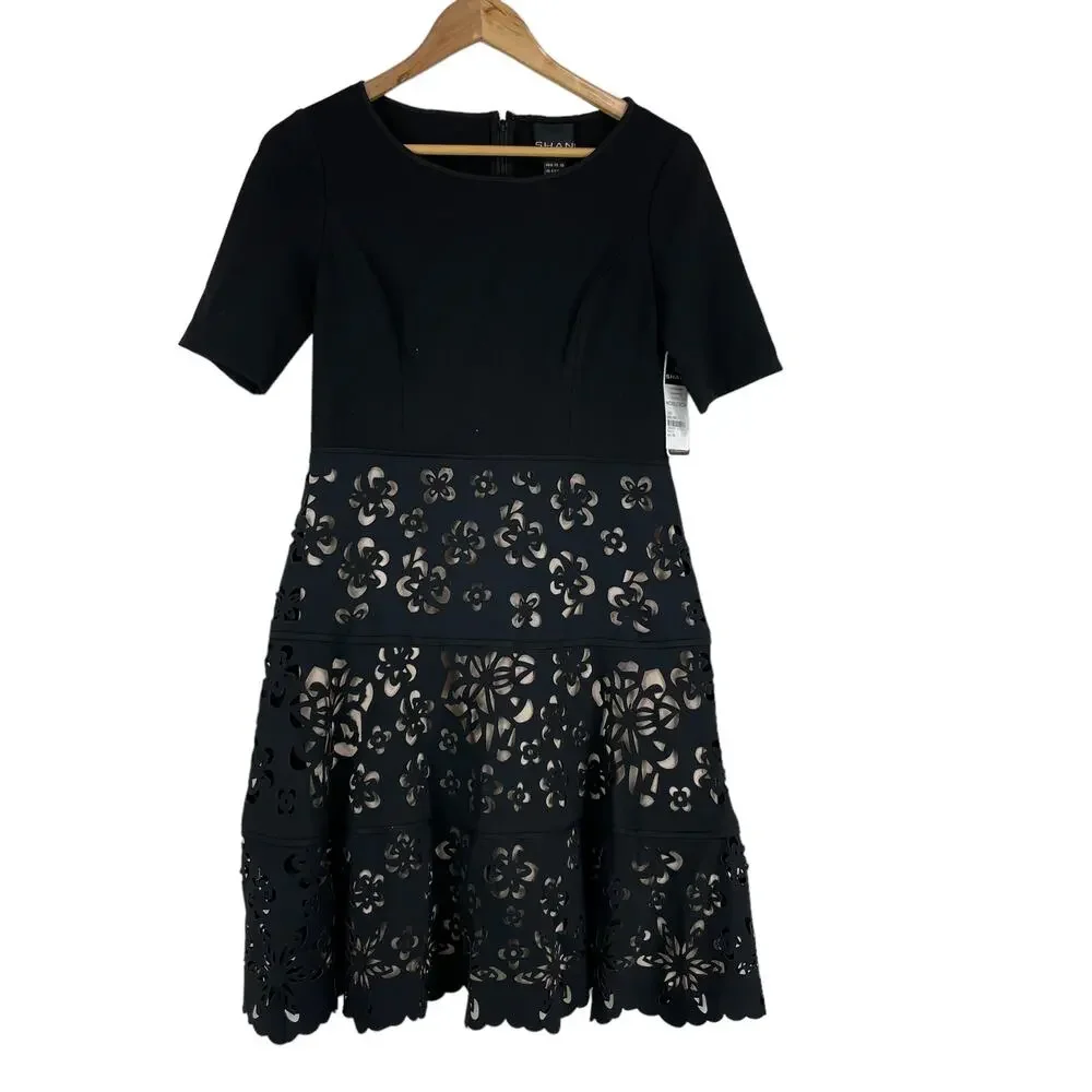 Shani NWT Laser Cut Ponte Fit & Flare Black Nude Dress Size 4 Floral Half Sleeve - Picture 2 of 10
